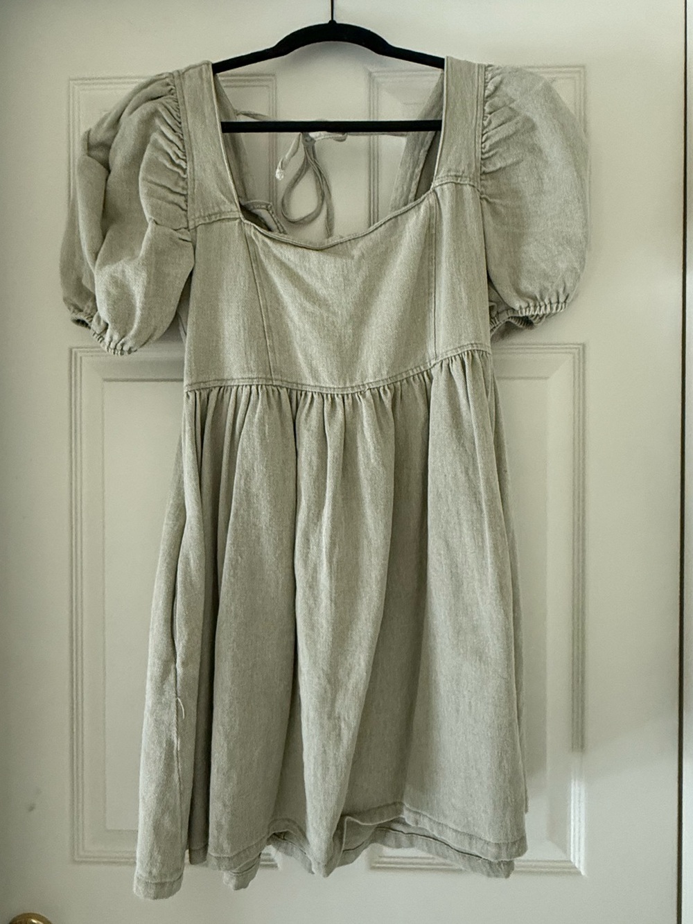 Teens Puff-Sleeve Cotton Dress in Light Sage size M